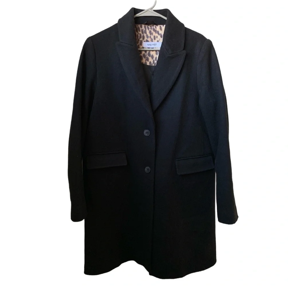 NINE WEST Women’s Black Wool Blend Button Front Animal Print Lined Long Coat